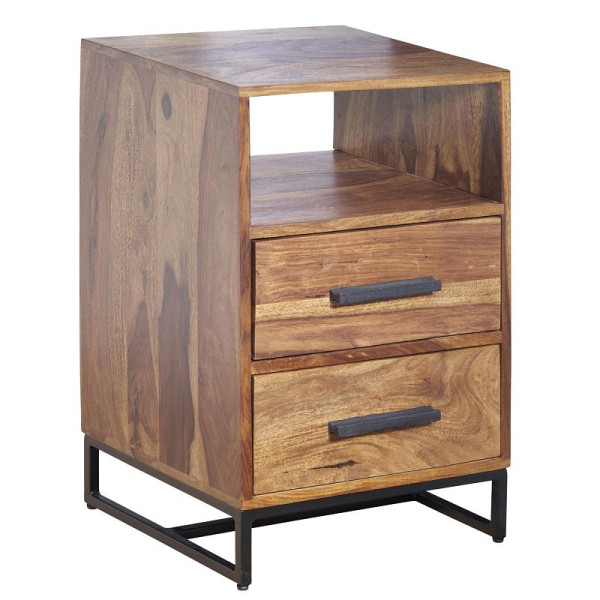 Wohnling nachtkastje Sheesham massief hout / metaal 40x35x66 cm nachtkastje boxspringbed, design nachtconsole met 2 laden, WL6.717