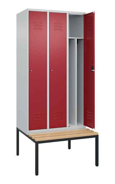 C+P luierkastje Classic PLUS met middenwand, bank, 3 vakken, 2120x900x815mm, 7035/3003, cilindersloten, beuken zitlat, 0800507-30F S10046