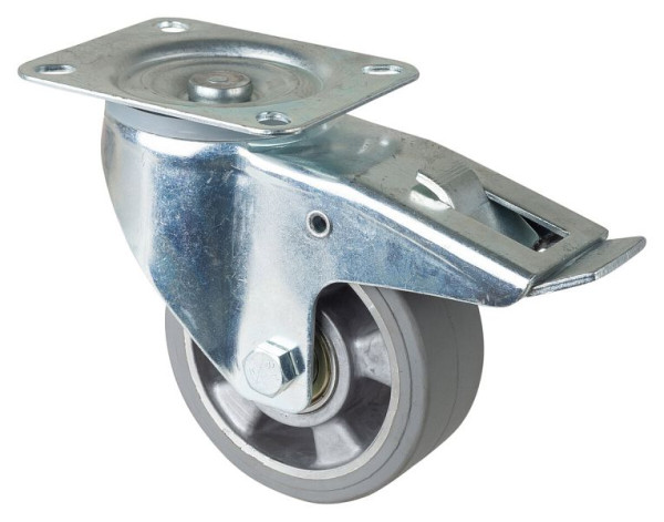 BS rollen transportrol met rem, breedte 50 mm, Ø125 mm, tot 220 kg, grijze elastische banden, aluminium wiellichaam, kogellagers, LSS420.B83.125