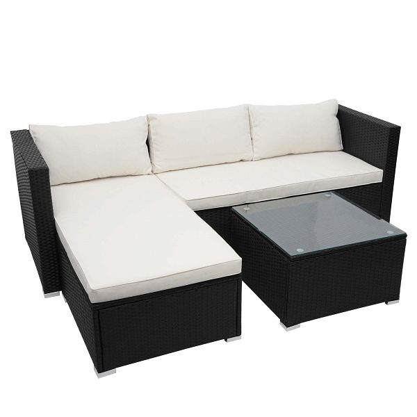 Mendler poly rotan set HWC-F57, balkon/tuin/loungeset bank zitgroep, zwart, creme kussens zonder sierkussens, 69832+69833