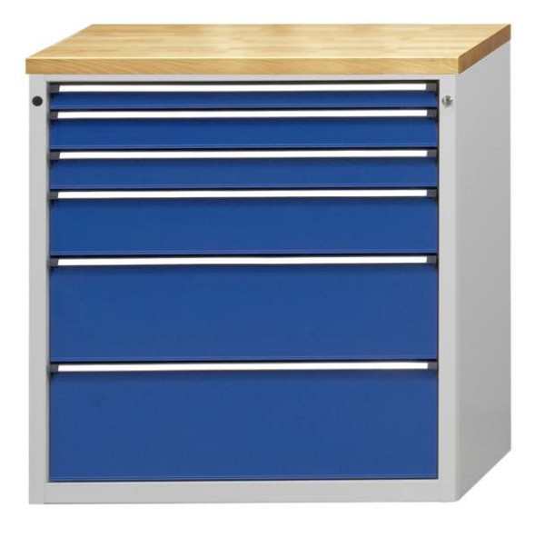ANKE ladekast; 915 x 700 x 1020 mm; RAL 7035/5010; Massief beuken blad 40 mm; 6 laden 60, 90, 90, 150, 240, 270 mm, 610.211