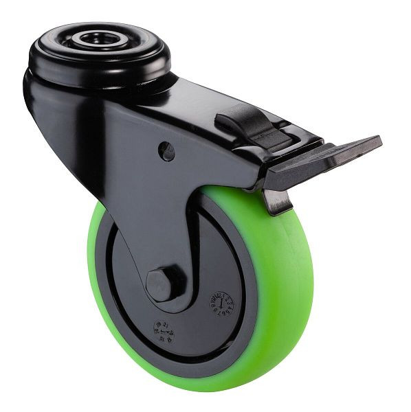BS Castors Zwenkwiel met zwarte rem, groen thermoplastisch rubberen wiel, kogellager, achtergat, diameter: 75 mm, VE = 4 stuks, A821.A85.075.04