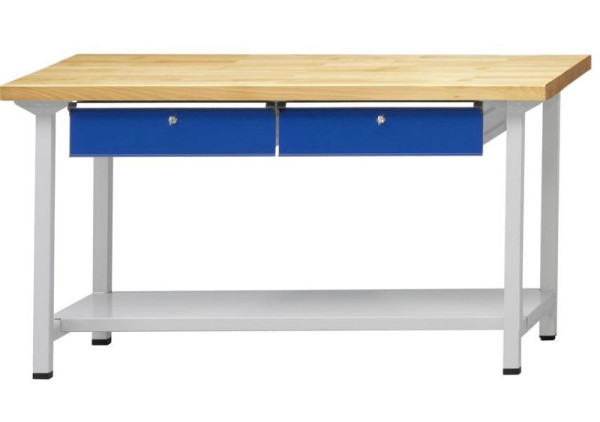 ANKE werktafel; 1500x700 mm; RAL 7035/5010; 2xHängeschublade; 1x opbergvak van 500 mm diep plaatstaal