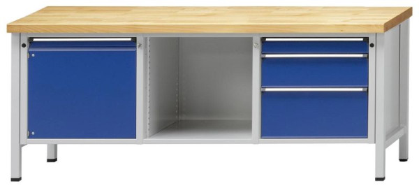 ANKE kastwerkbank; 2000x700 mm; RAL 7035/5010; 1 deur links; Middenvak open; Rechts 3 laden 90, 180, 270 mm