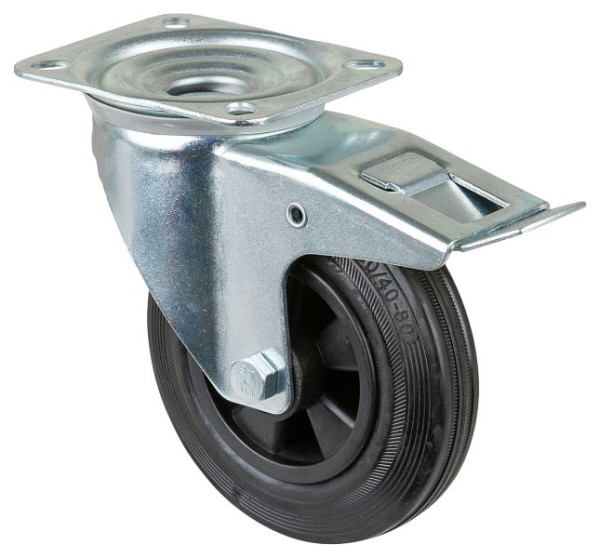 BS rollen transportrol met rem, breedte 40 mm, Ø160 mm, tot 135 kg, zwart rubber, rollager, plaat, VE = 2 stuks, L420.B45.160