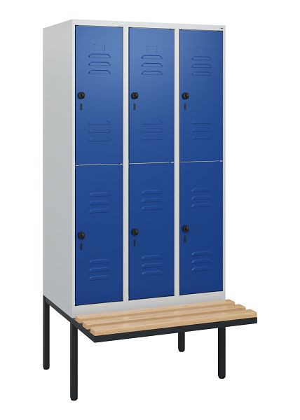 C+P Doppelstöckiger Spind Classic PLUS, 3 Abteile, 1950x900x815mm, 7035/5010, Drehriegel, Sitzleisten aus Buche, schwebende Sitzfläche, 0803405-30 S10003
