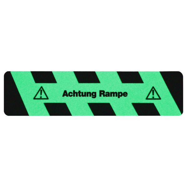 m2 antislipbekleding lichtgevend zwart/groen met tekst "Attention Ramp" strepen 150x610mm, M1X41500610