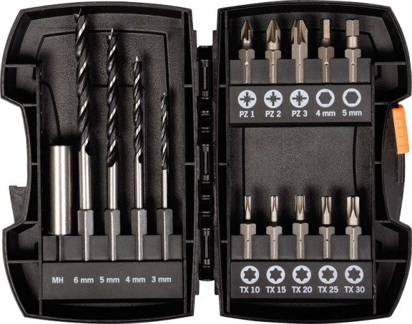 Projahn borendoos 15 stuks houtboor met E 6.3 schachtdiameter 3, 4, 5, 6 mm Bits: PZ, TX, 19398