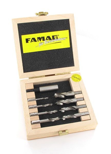 Famag houtboor HSS-G bits kort, 9 stuks in een houten kist. Ø 3, 4, 5, 6, 7, 8, 9, 10 mm incl. Bithouder, 1596.508.00