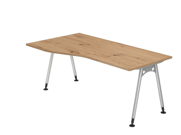 Hammerbacher bureau AS18, 180 x 100/80cm, blad: knoestig eiken, 25 mm dik, A-vormig rond buisframe zilver, werkhoogte 68-76 cm, VAS18/R/S