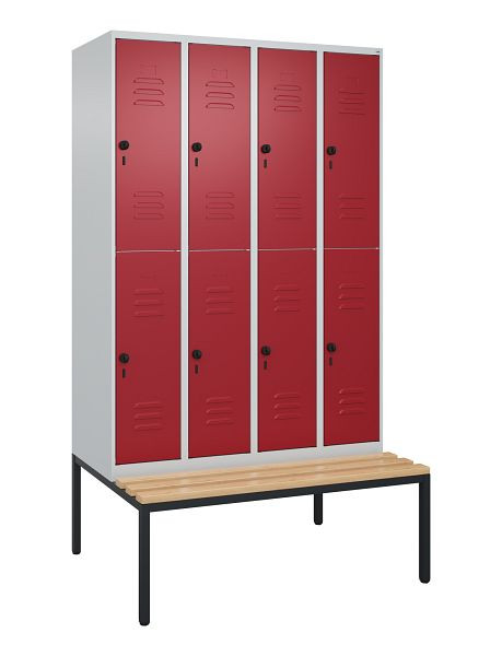 C+P Doppelstöckiger Spind Classic PLUS, 4 Abteile, 2120x1200x815mm, 7035/3003, Drehriegel, Buche-Sitzleisten, mit untergebauter Sitzbank, 0803507-40 S10001