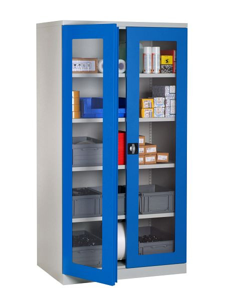 SOFAME stalen kasten met kijkvensterdeuren B 1000 x D 500 x H 1950, met 4 planken, lichtgrijs RAL 7035/hemelsblauw RAL 5015, W030050001GCBI