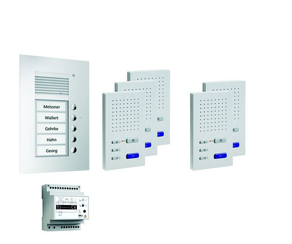 TCS deurbedieningssysteem audio: pack UP voor 5 wooneenheden, met buitenstation PUK 5 belknoppen, 5x handsfree luidspreker ISW3030, bedieningseenheid BVS20, PPUF05-EN / 02