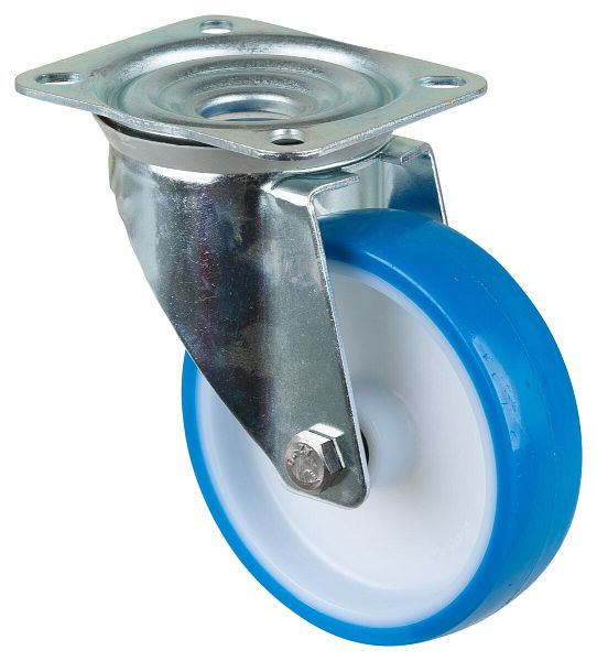 BS rollen transportrol, breedte 35 mm, Ø150 mm, tot 200 kg, loopvlak polyurethaan blauw, wiellichaam kunststof, rollager, plaat, L400.B36.150