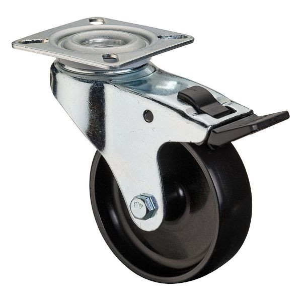 BS rollen apparaatrol, plaat, rem, breedte 23 mm, Ø75 mm, tot 50 kg, loopvlak zwart kunststof, glijlager, VE 8 stuks, A320.A90.075