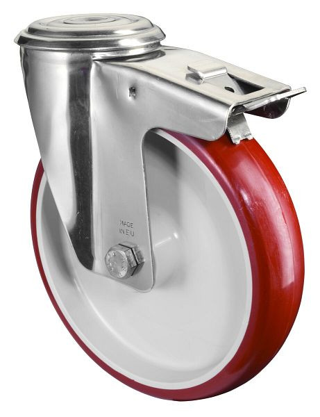 BS rollen RVS transportrol met rem, B45 mm, Ø200 mm, tot 200 kg, rood polyurethaan oppervlak, kunststof behuizing, glijlager, H121.B26.200