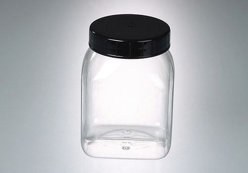 DENIOS vierkante wijdhalspot van PETG, glashelder, met schroefdop 500 ml, VE: 24 stuks, 281-754
