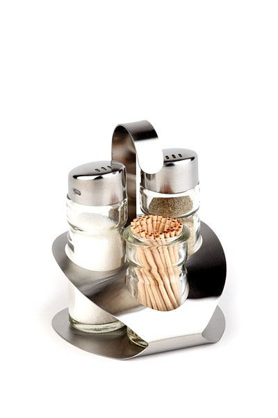 APS 3-delige cruet -Pro-, 9,2 x 8,5 cm, hoogte: 11,5 cm, mat RVS/glas, peper-zout-tandenstoker, peper/zout glazen shaker, 40472