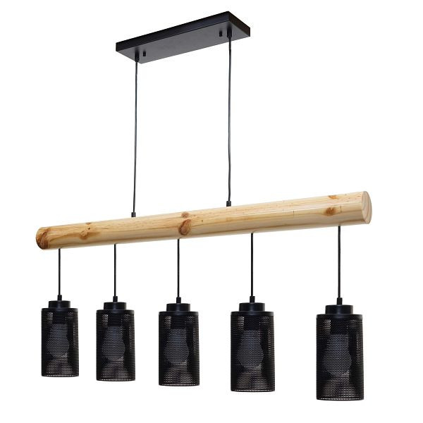 Mendler hanglamp HWC-H83, hanglamp hanglamp, industrieel vintage massief hout metaal zwart, 5 buisvormige lampenkappen, 74215