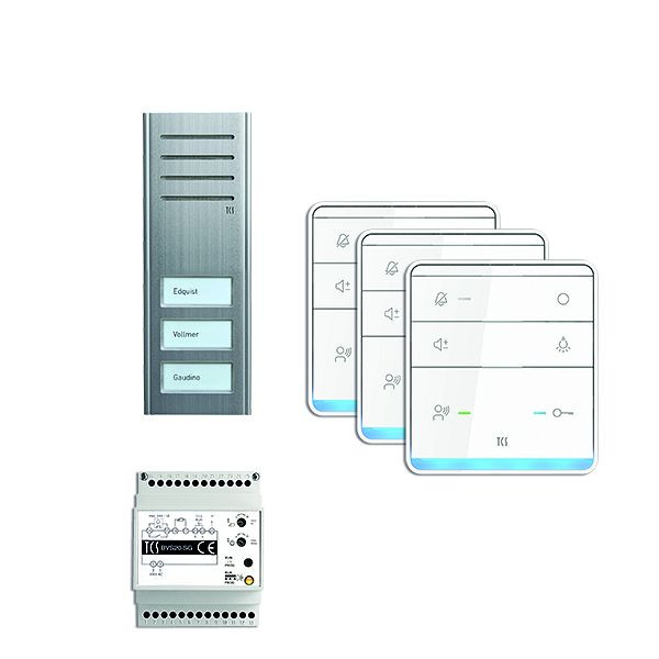 TCS deurbediening audio: pack AP voor 3 wooneenheden, met buitenpost ASX 3 belknoppen, 3x handsfree luidspreker ISW5010, bedieningseenheid BVS20, PSX2330-0000