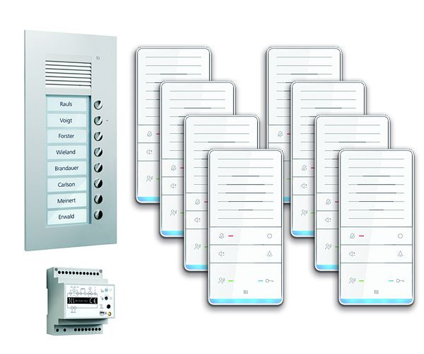 TCS deurbediening audio: pack UP voor 8 wooneenheden, met buitenstation PUK 8 belknoppen, 8x handsfree luidspreker ISW5031, bedieningseenheid BVS20, PAUF081 / 001
