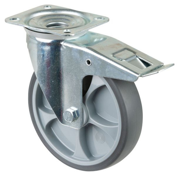 BS rollen transportrol met rem, breedte 45 mm, Ø200 mm, tot 220 kg, banden thermoplast grijs, kunststof, rollager, plaat, L420.B44.201