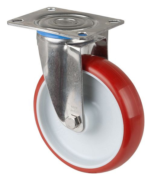 BS rollen RVS transportrol, breedte 32 mm, Ø125 mm, tot 130 kg, loopvlak polyurethaan rood, wiellichaam kunststof, glijlager, plaat, H100.B26.125