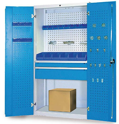 Bedrunka + Hirth multifunctionele kast, R 36-16, 2x lades, 1x legplank, 1x geperforeerde wand, 2x draaideur met geperforeerde wand, 980 x 500 x 1838 mm, 04.118.024