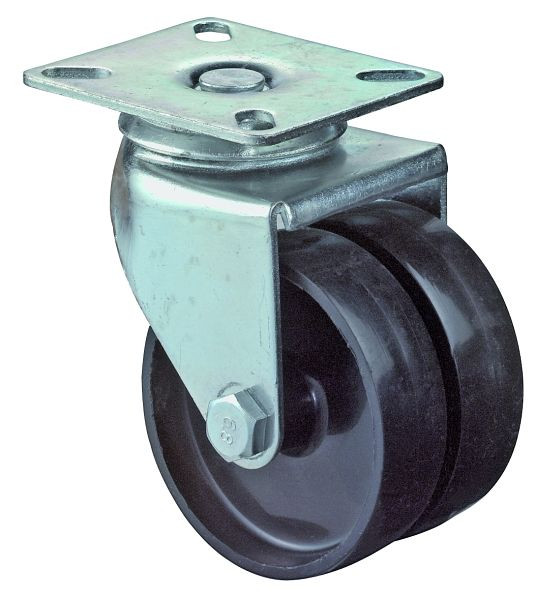 BS rollenapparaat dubbele rol, breedte 2x23 mm, Ø75 mm, tot 100 kg, loopvlak zwart kunststof, glijlager, plaat, VE 4 stuks, B100.A90.076