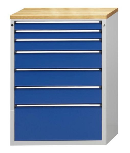 ANKE ladekast; 915 x 700 x 1320 mm; RAL 7035/5010; Massief beuken blad 40 mm; 7 laden 90, 90, 120, 180, 180, 180, 360 mm, 610.317