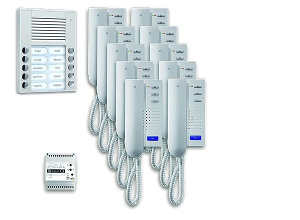 TCS deurbediening audio: pack AP voor 10 wooneenheden, met buitenpost PES 10 belknoppen, 10x deurtelefoon ISH3030, bedieningseenheid BVS20, PPA10-EN / 02