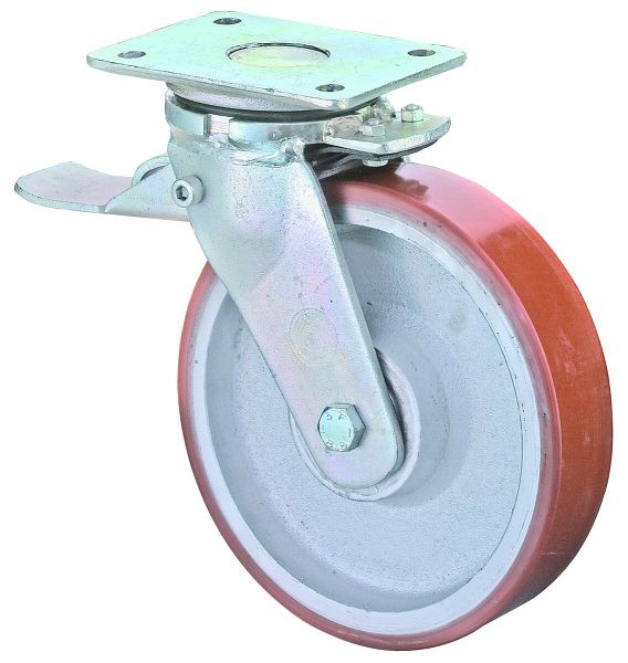 BS Wielen Zwaarlastwiel met wiel/slot, breedte 80 mm, Ø200 mm, tot 1400 kg, polyurethaan gegoten 95 Shore A, gegoten lichaam, kogellagers, RR120.C10.202