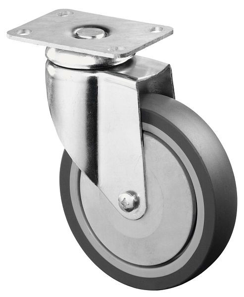 BS-wielen Zware apparatuurwielen, breedte 31 mm, Ø125 mm, tot 100 kg, grijs rubberen loopvlak, kogellagers, plaat, VE = 2 stuks, C100.A85.125