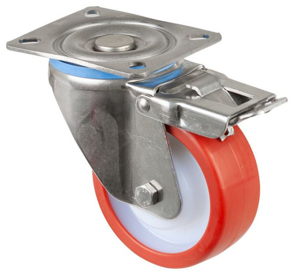 BS rollen RVS zwaarlastwiel zwenkwiel, RVS, met rem, glijlager rood polyurethaan wiel, schroefplaat 100 mm, HS120.B27.100