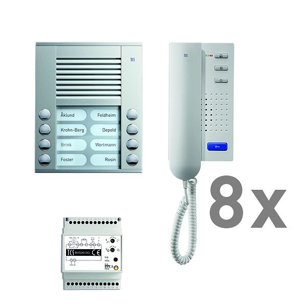 TCS deurbediening audio: pack AP voor 8 wooneenheden, met buitenpost PES 8 belknoppen, 8x deurtelefoon ISH3030, bedieningseenheid BVS20, PAAH082 / 001
