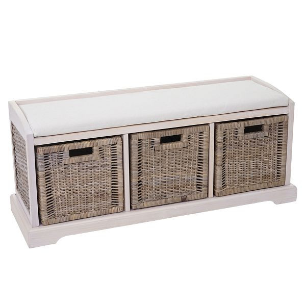 Mendler Bienne bank, opbergdoos, 3 manden, Kubu rotan geweven, 112x46x37cm, wit, 61724