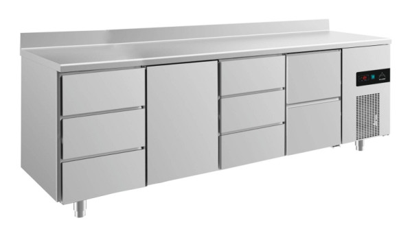 A&S Polarny koeltafel -2 tot +8°C met deur links midden, twee laden rechts en 2x drie laden, 2330 x 700 x 850 mm, met opstaande rand, KT4DTDZA