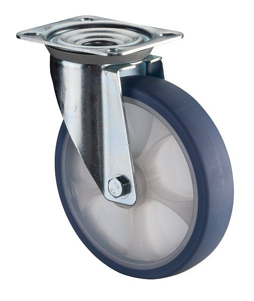BS rollen transportwiel zwenkwiel, thermoplastisch rubberen wiel, lichtblauwe band, natuurlijke velg, rollager, plaat, diameter: 200 mm, L400.B44.201.05