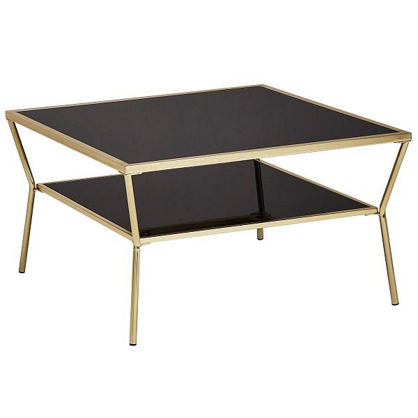 Wohnling Design salontafel glas zwart 70 x 70 cm 2 niveaus goud metalen frame, vierkant, WL5.992