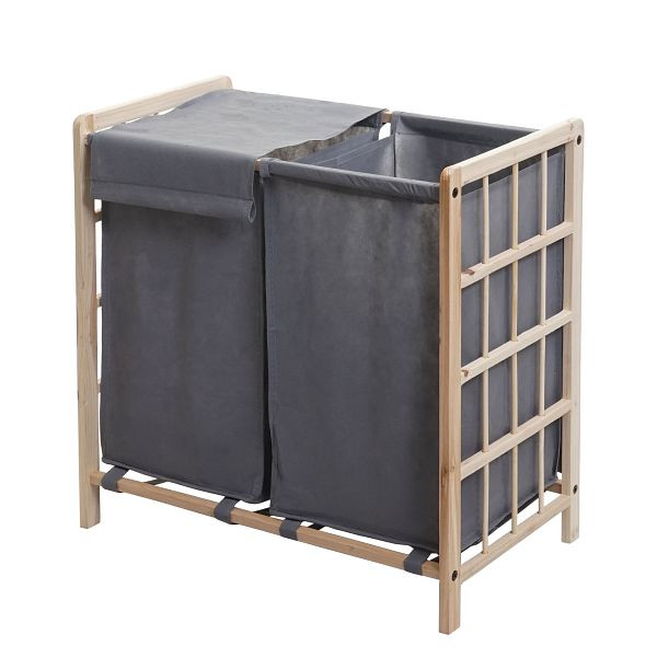Mendler wasmand HWC-B60, Wasmand, massief hout 2 vakken 60x60x33cm 68l, lichtbruin, grijze hoes, 75535