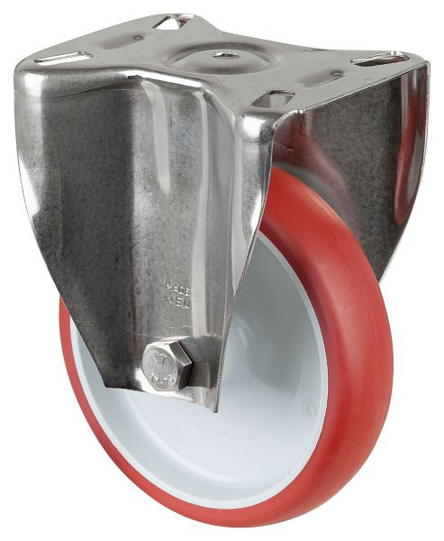 BS rollen RVS transportrol, vaste rol, breedte 35 mm, Ø150 mm, tot 200 kg, loopvlak polyurethaan rood, kunststof, glijlager, plaat, H110.B26.150