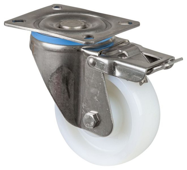 BS rollen RVS zwaarlastwiel zwenkwiel met rem, RVS, kunststof wiel, glijlager, schroefplaat, diameter 100 mm, HS120.A90.100