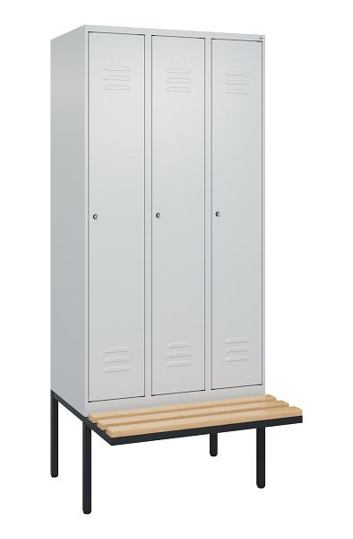 C+P Umkleidespind Classic PLUS, 3 Abteile, 2120x900x815mm, 7035/7035, Zylinderschlösser, Buche-Sitzleisten, je 2 Doppel-Haken, 0800407-30F S10053