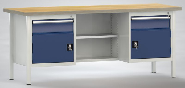 KLW standaard werkbank 2000 x 700 x 840 mm L x D x H, met beuken multiplex werkblad 2000 x 700 x 40 mm, WS213N-2000M40-E2001