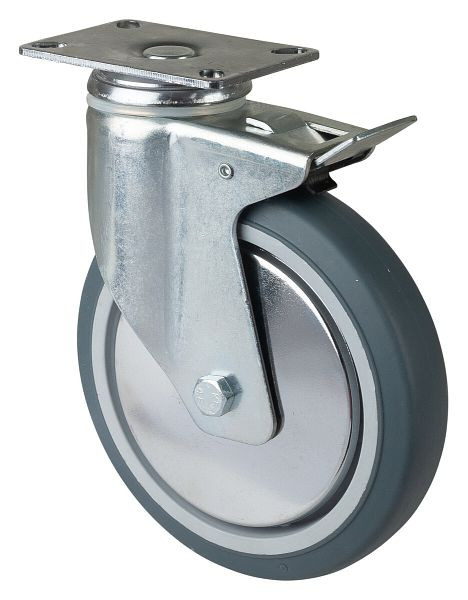BS-wielen Zwaar apparaatwiel met rem, breedte 32 mm, Ø150 mm, tot 100 kg, grijs rubber, kogellager, plaat, VE = 2 stuks, C120.A85.151