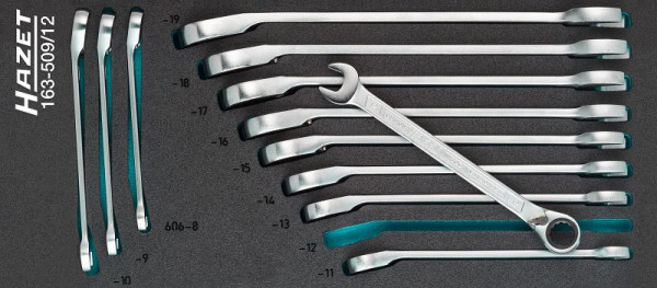 Hazet combiratelsleutelset, uitwendig dubbel zeskant trekprofiel, 8 - 19, aantal gereedschappen: 12, HAZET Safety Insert System (SIS), 163-509/12