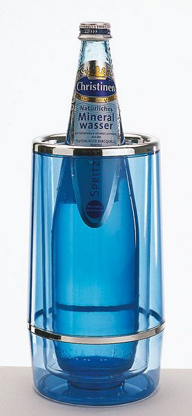 APS flessenkoeler, buiten Ø 12 cm, hoogte: 23 cm, PS, blauw-transparant, binnen Ø 10 cm, dubbelwandig, rand/ring verchroomd, 36034