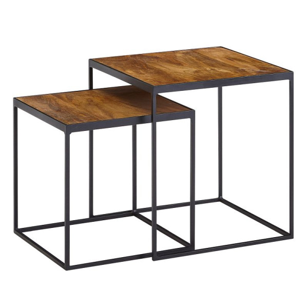 Wohnling woonkamertafel set van 2 mango massief hout / metaal bijzettafel vierkant, design bijzettafel industrieel, banktafel salontafel vierkant, WL6.635