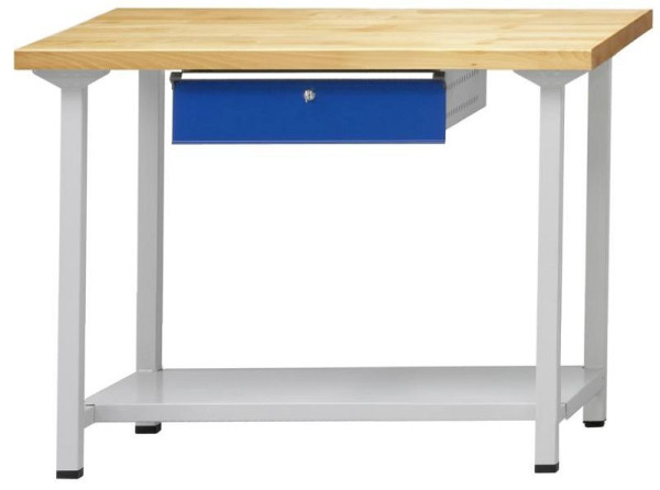 ANKE werktafel; 1270x800 mm; RAL 7035/5010; 1xHängeschublade; 1x legbord van plaatstaal, 600 mm diep