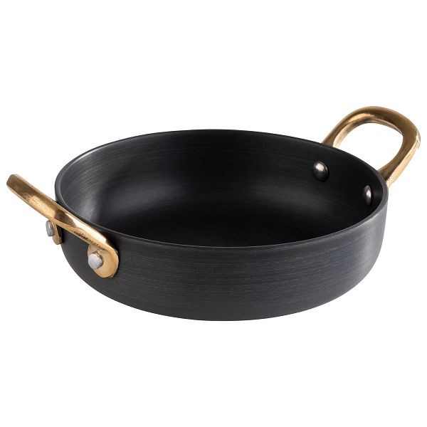 APS serveerpot, Ø 13,5 x 3,5 cm, aluminium, antraciet, messing handgrepen, 0,3 liter, afmetingen met handvatten: 18,5 x 11,5 x 5 cm, 40741